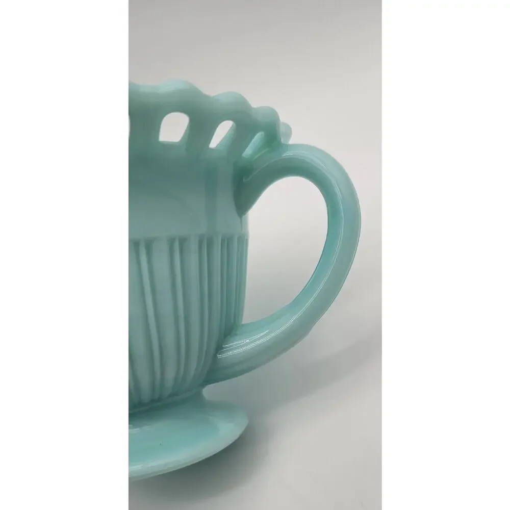 Fostoria Randolph Blue Milk Glass Cream Sugar & Candlestick Holder Set